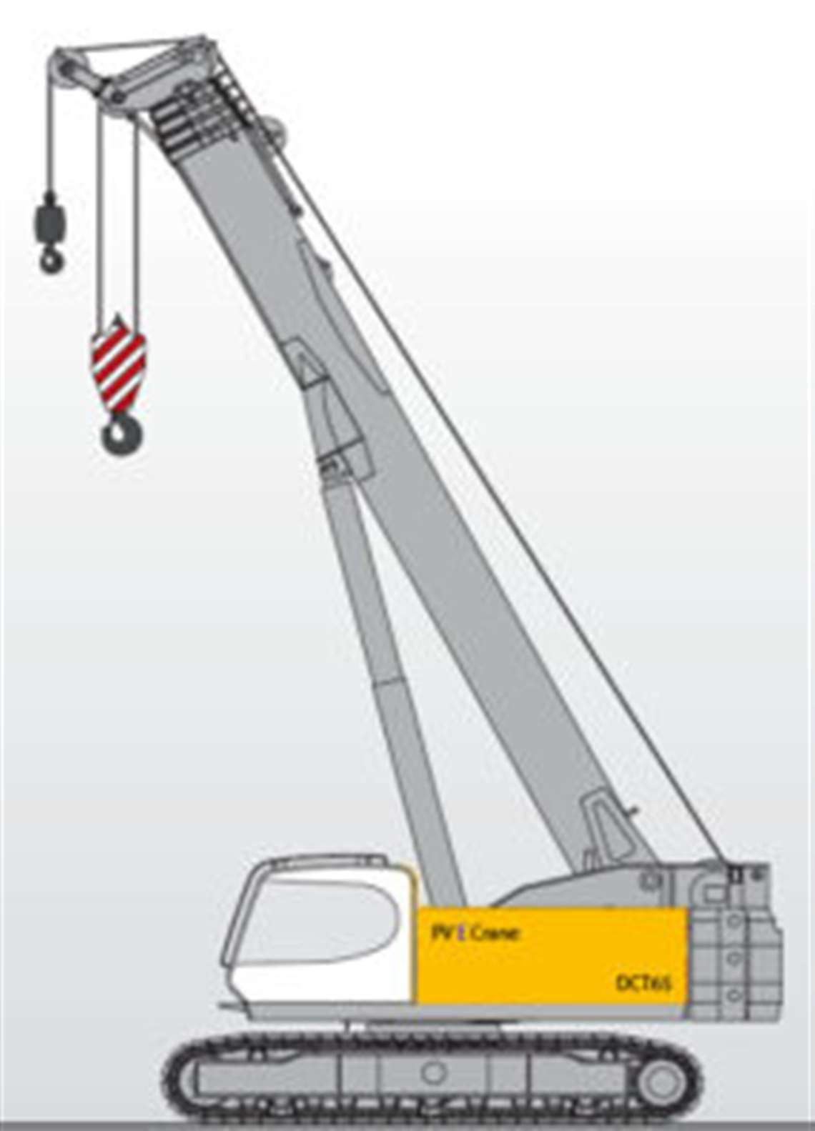 The PVE Crane model ECT65 is a 65 tonne capacity telescopic boom battery-electric crawler crane