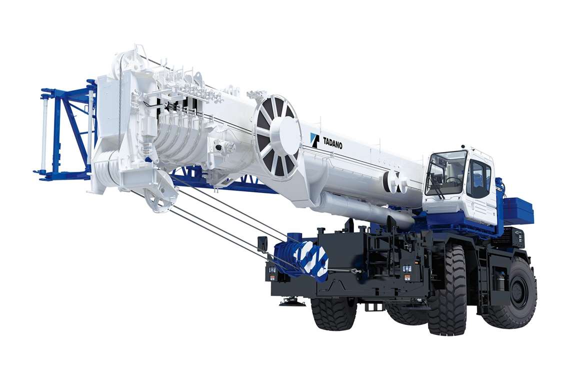 The Tadano GR-1300XL-4 rough terrain crane with the boom down in travel position