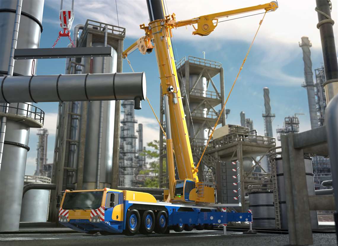 The new Demag AC 450-7 has a new Sideways Superlift (SSL) design shown here erected