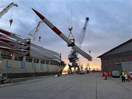 wind turbines being offloaded at the port