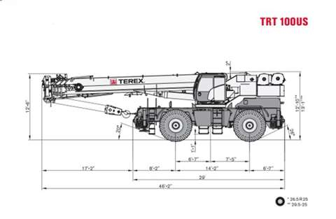 side view drawing of Terex TRT 100US rough terrain crane